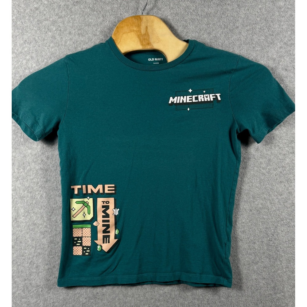 Old Navy Minecraft T-Shirt Boys XL 14-16 Teal Green Time To Mine Graphic Tee